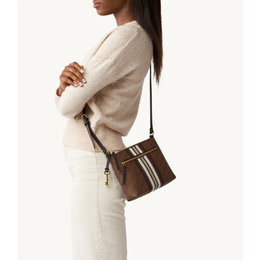 FOSSIL Crossbody Women Bag Brown Fiona Adjustable Strap Stripe Pattern Brass - Picture 15 of 16